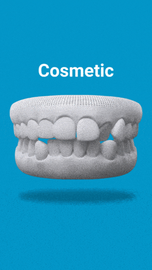 Dental model showing teeth with cosmetic orthodontic treatment on blue background