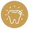 Tooth with sparkles icon on golden circle background representing dental care and orthodontics
