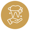 Hands gently cradling tooth with sparkles, representing dental care and orthodontic treatment.