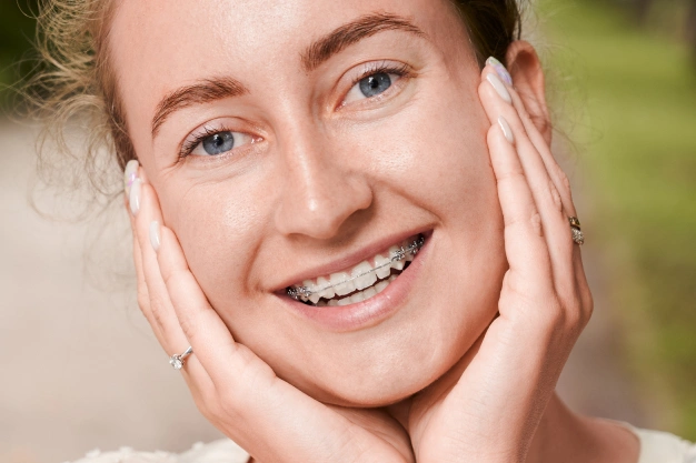 Smiling woman with hands on face outdoors, showcasing healthy teeth and clear skin.